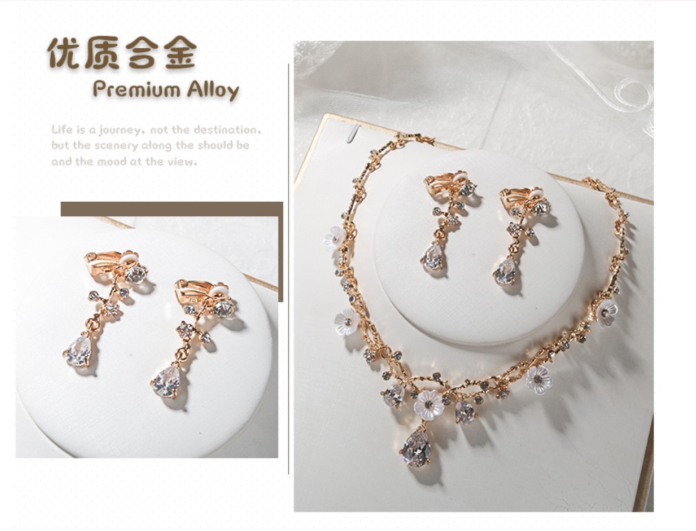 深金色玫瑰花项链+耳夹1套