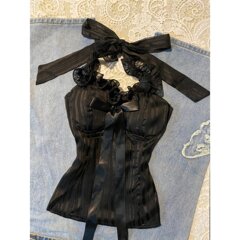 纯欲古早味少女感蝴蝶结绑带挂脖吊带女夏千禧甜辣妹y2k收腰上衣