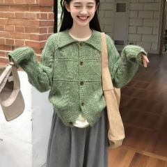 韩系首尔高级感彩纱混色单排扣针织开衫复古翻领毛衣外套上衣秋冬