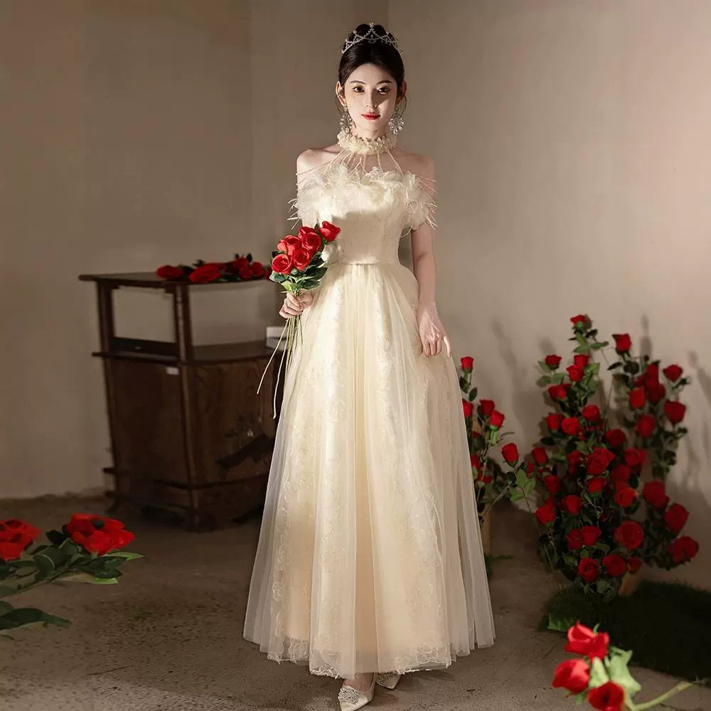 Elegant Champagne Colored Evening Gown New Style Long Dress For Women Suitable For Engagement Understated Luxury Ethereal Beauty_ecoleips.com