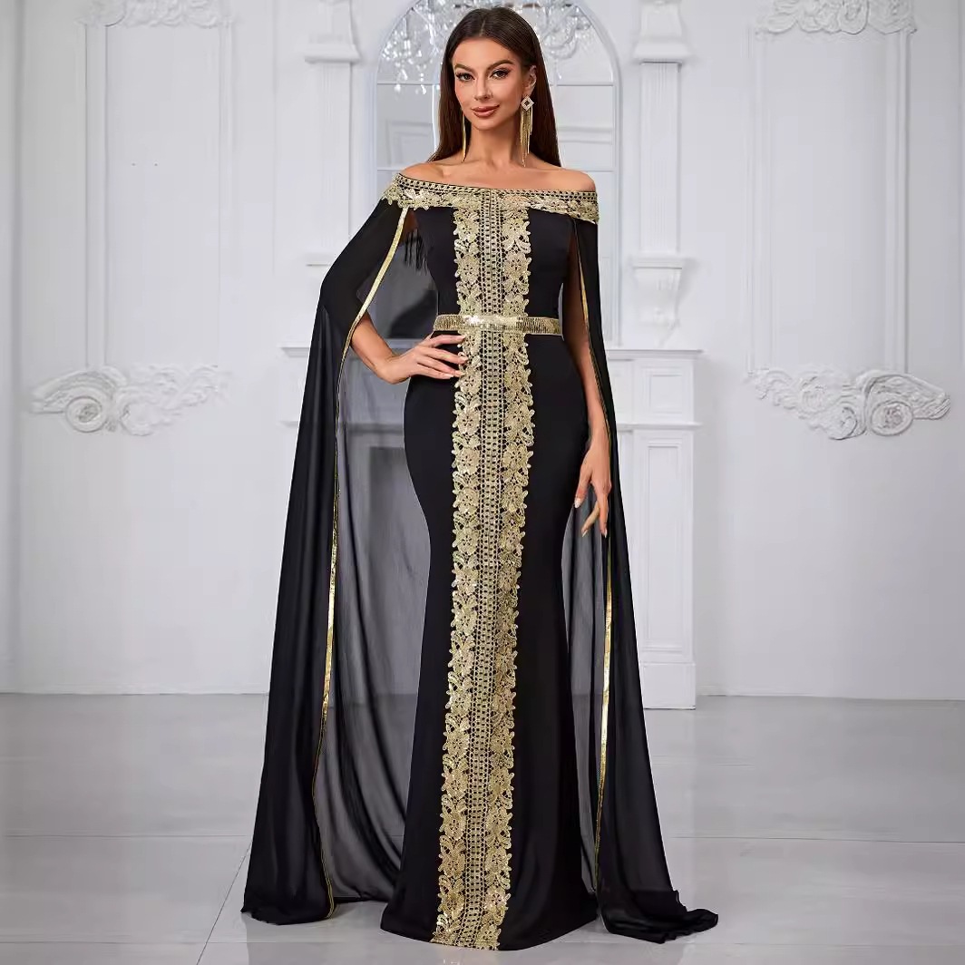 Lace Off-the-Shoulder Chiffon Cape Evening Gown