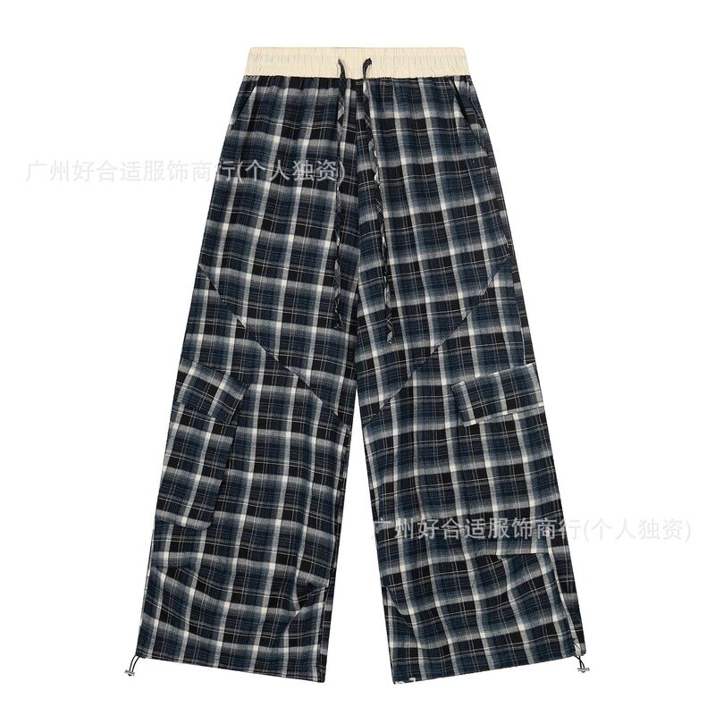 In-Stock 25 Vintage Coffee-Blue Checkered Custom-Dyed Drawstring Color-Blocked Plaid Multi-Pocket Casual Pants·Chic Double-Pleated Wide-Leg Pants