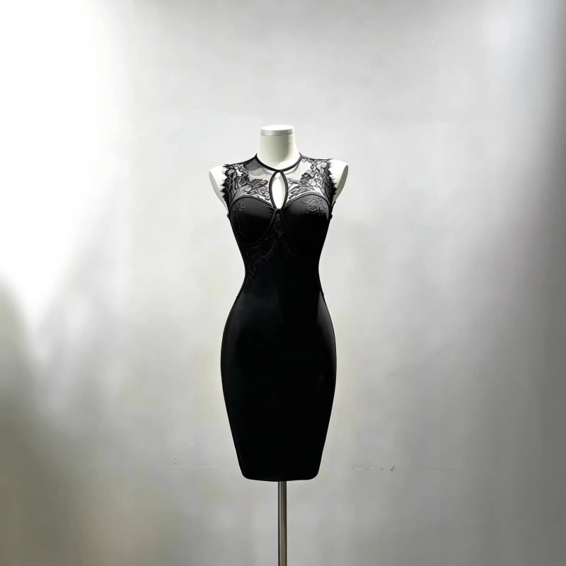 High-End Black and Purple Lace Patchwork Bandage Dress, French-Style Waist-Cinching Slimming Bodycon Dress