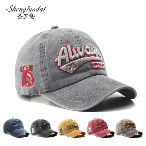 Baseball cap style, washed and distressed letter embroidery duckbill hat, trendy for men, personalized streetwear for women, Korean sunshade