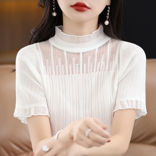 Fine imitation 6 wool new lace edge chiffon shirt women's fashionable age-reducing short-sleeved inner air-conditioned vest T-shirt bottoming shirt