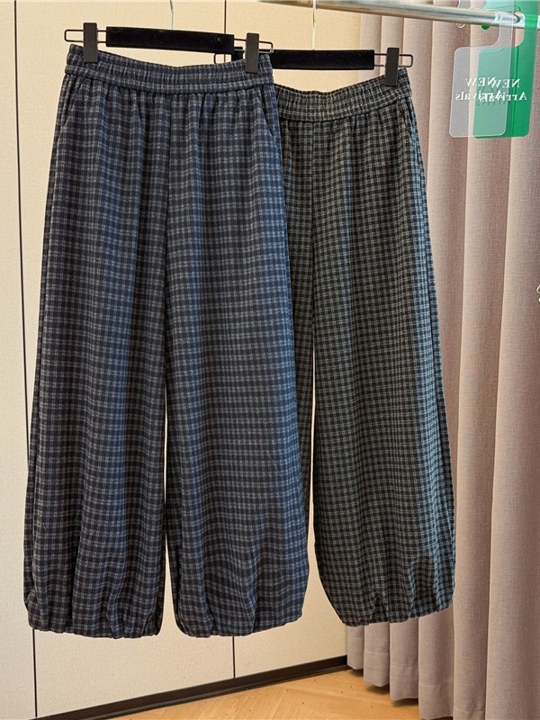 复古格子阔腿裤女秋季新款韩版高腰显瘦直筒休闲九分长裤