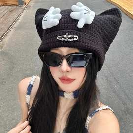 y2k亚文化搞怪卡通米奇手针织帽子女日系个性显脸小套头帽护耳帽