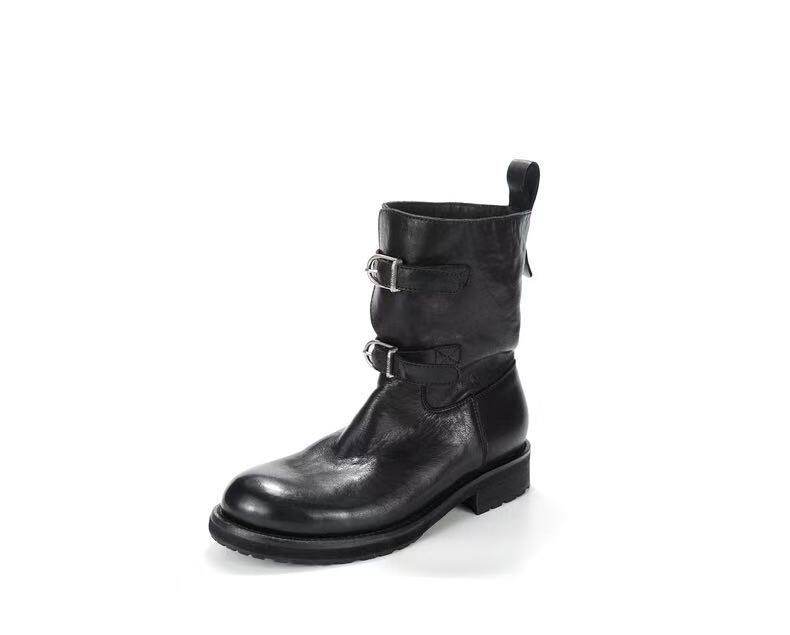 Bốt nữ da bò cổ thấp mũi tròn đế dày gót 3-5 cm — màu đen