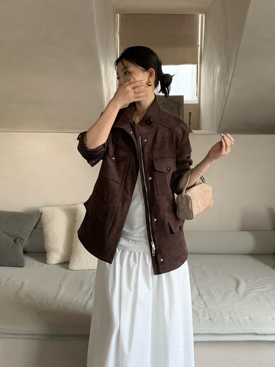 Yuanpai suede mid-length biker jacket 2026 autumn new vintage stand-up collar zipper jacket W4078