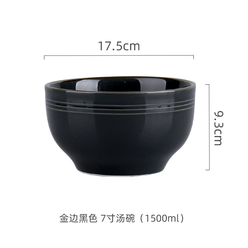 Hogar Nordic borde dorado de cerámica comer tazón grande plato de sopa de fideos plato de arroz negro y gris vajilla