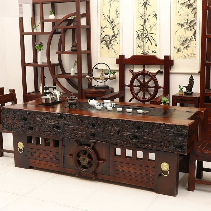 Old Ship Wood All-In-One Set Chinese Tea Table Kung Fu Large Tea Table Tea Table and Chair Combination Simple Living Room Solid Wood Tea Table