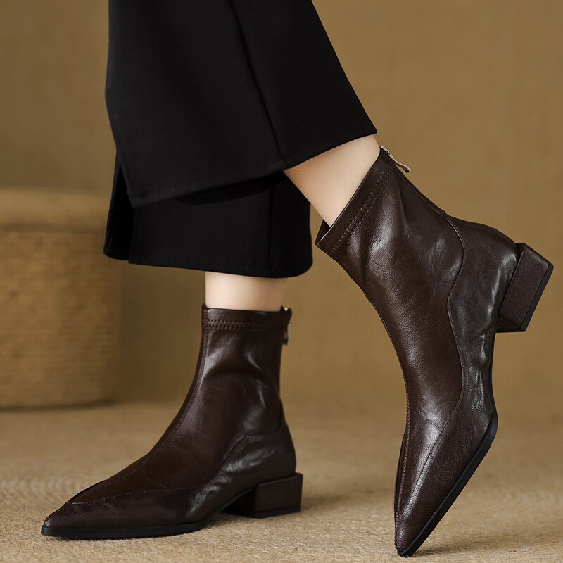 [in Stock] Pointed Toe Stretch Slim Boots 2025 Autumn/Winter New Chunky Heel Short Boots Women's Vintage Brown Chelsea Boots