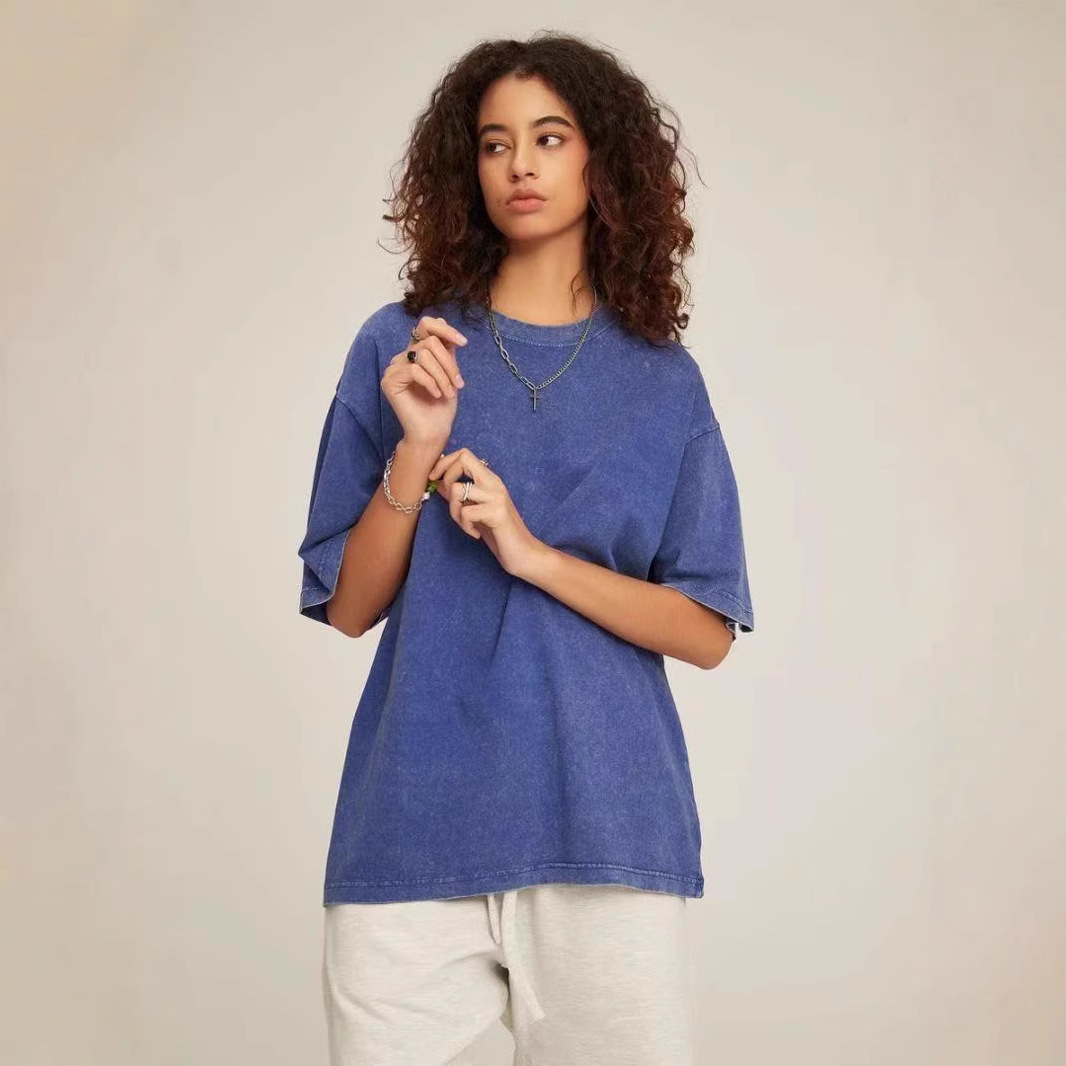 Transfronterizo 2025 nuevo cuello redondo hombro camiseta de manga corta marca de moda masculina de tamaño grande retro lavar la calle hacer camiseta vieja