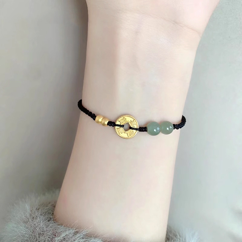 Five Emperors Coin Fortune Bracelet with Gold Beads for Men and Women, Zodiac Year Copper Coin Gold Coin Braided Red String Couple Bracelet