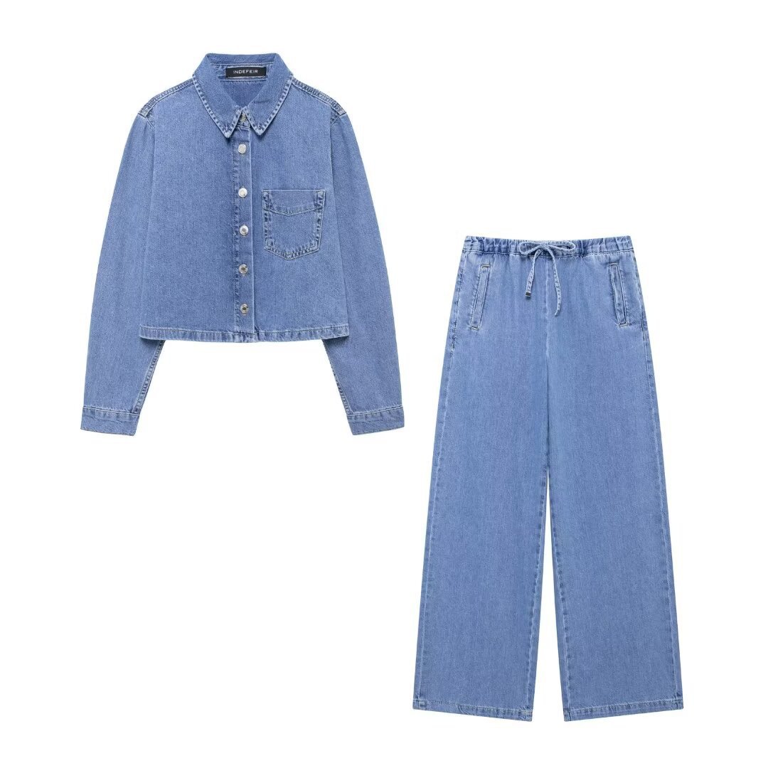 Women's clothing 2024 autumn new shirt jogging style denim suit_voghion.com