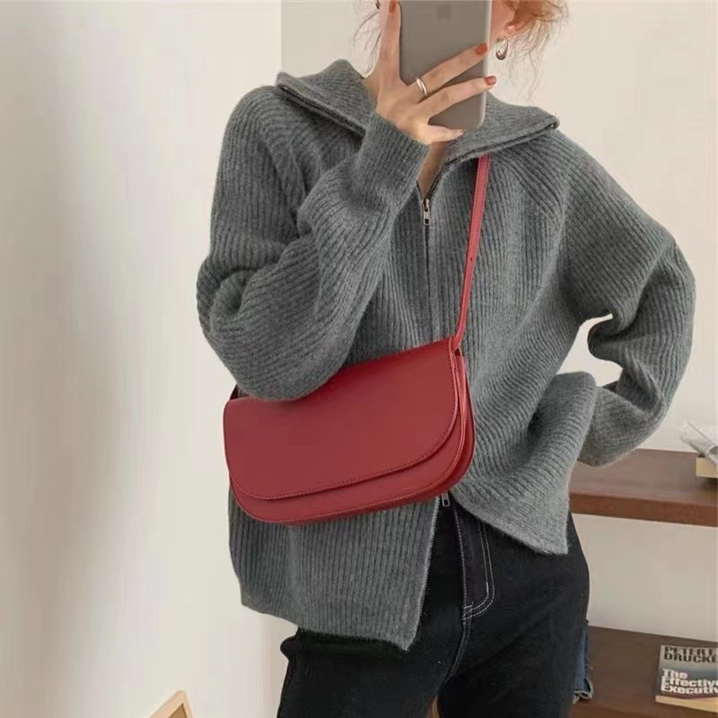 Cropped Knit Cardigan – Double-Zip Oversized Shacket (Maroon/Gray/Beige, One Size)_voghion.com