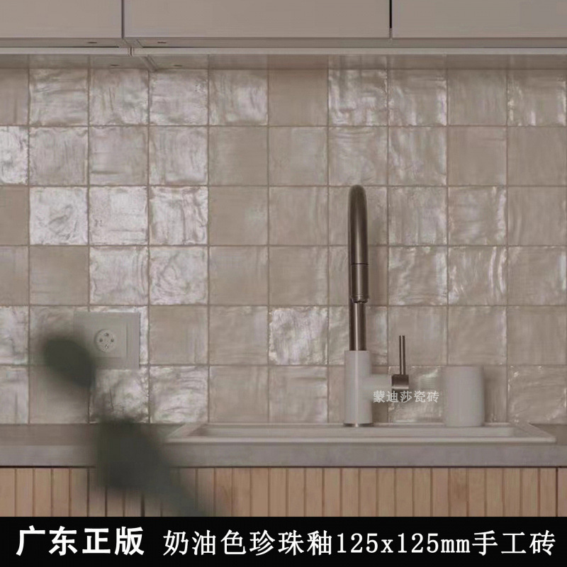 Spanish Retro Pearl Glazed Long Strip Tiles Beige Handmade Tiles Kitchen Bathroom Cream Tiles Bathroom Wall Tiles