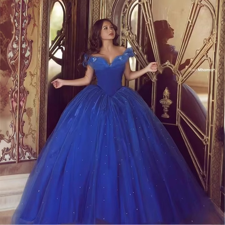 Cinderella Evening Dress 2026 New Blue Gown Ball Gown Off-Shoulder Fluffy Tulle Party Dress Wholesale
