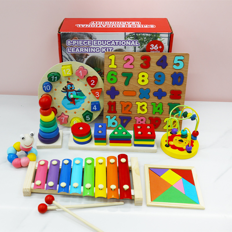 Infant and toddler educational toys: eight-tone hand-tapping piano, cognitive clock, bead threading toy, rainbow tower, and building block set Infant and toddler educational toys: eight-tone hand-tapping piano, cognitive clock, bead threading toy, rainbow tower, and building block set