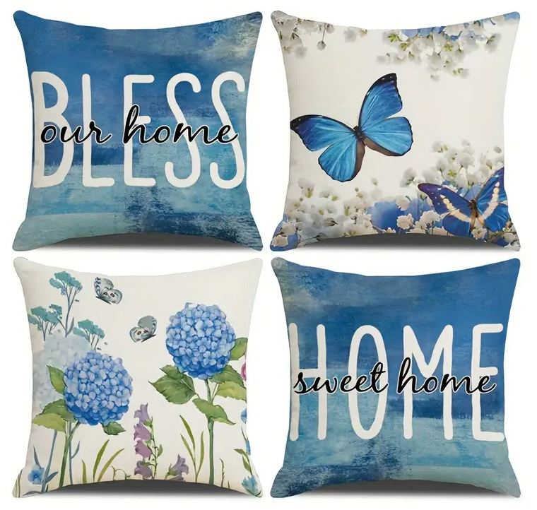 Blue Flower Butterfly Pattern Pillow Case Living Room Bedroom Sofa Decorative Pillow Case_voghion.com