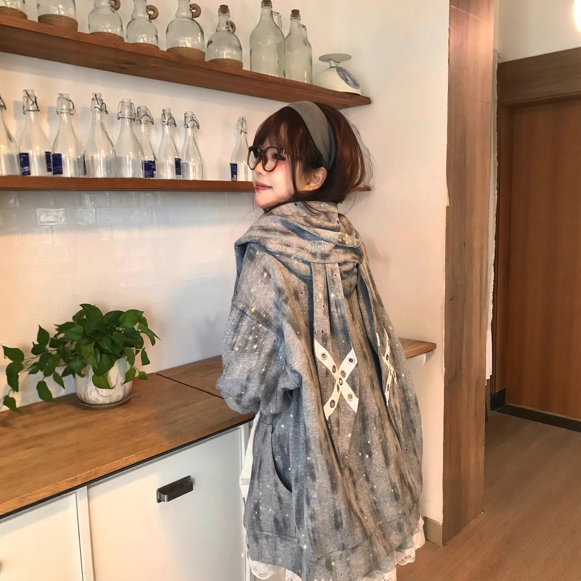 2025甜酷穿搭兔耳朵扎染镂空连帽开衫卫衣外套女日系可爱