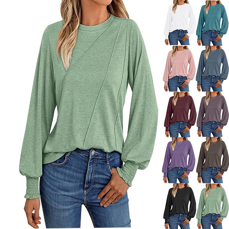 Amazon 2026 European and American Foreign Trade Cross-Border Women's Clothing Popular Long-Sleeved Shirt Pleated Round Neck Autumn Top Fashion Women