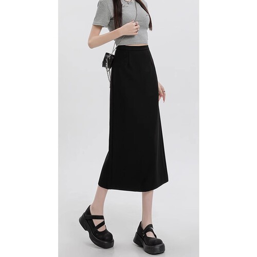Black suit skirt for women's new summer thin straight high-waist split hip skirt mid-length skirt