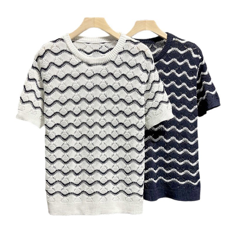 T-shirt da uomo a girocollo a maniche corte, estiva, sottile, stile coreano, trendy, con lavorazione a maglia traforata, alla moda, con righe ondulate, top casual._voghion.com