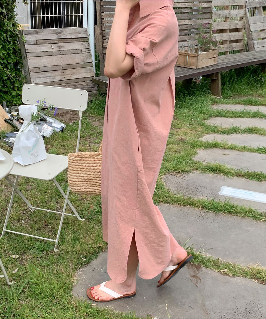 Korean Summer Short Sleeve Long Pattern Dress Loose Lazy Over The Knee Shirt Dress Women