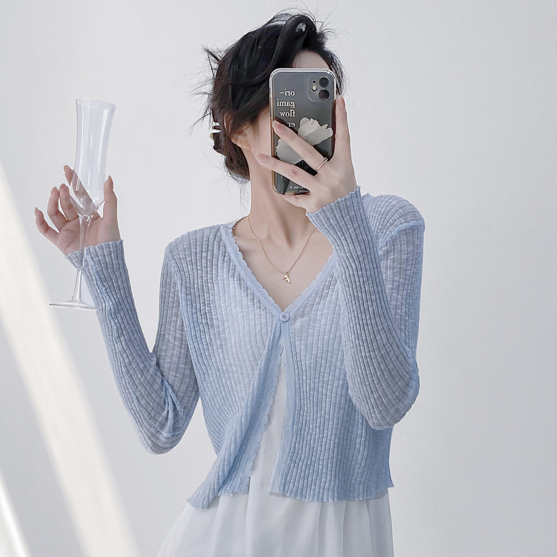 Summer V-neck knitted cardigan women's thin gentle style long sleeve short top shawl outer sun protection shirt blouse coat