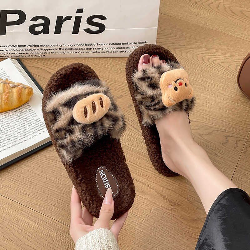 Ready Stock Black Sherry Rose Fur Slippers for Women's Home 2025 New Autumn and Winter Warm and Cute Soft Bottom Cotton