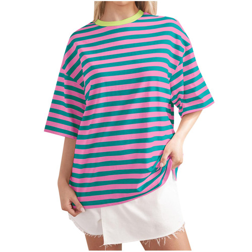 Western and Eastern Women's Summer Simple Home Casual Striped Print Crew Neck Five-Button T-Shirt