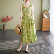 森女套头无袖连衣裙2025夏季文艺淑女棉麻印花宽松大码字裙