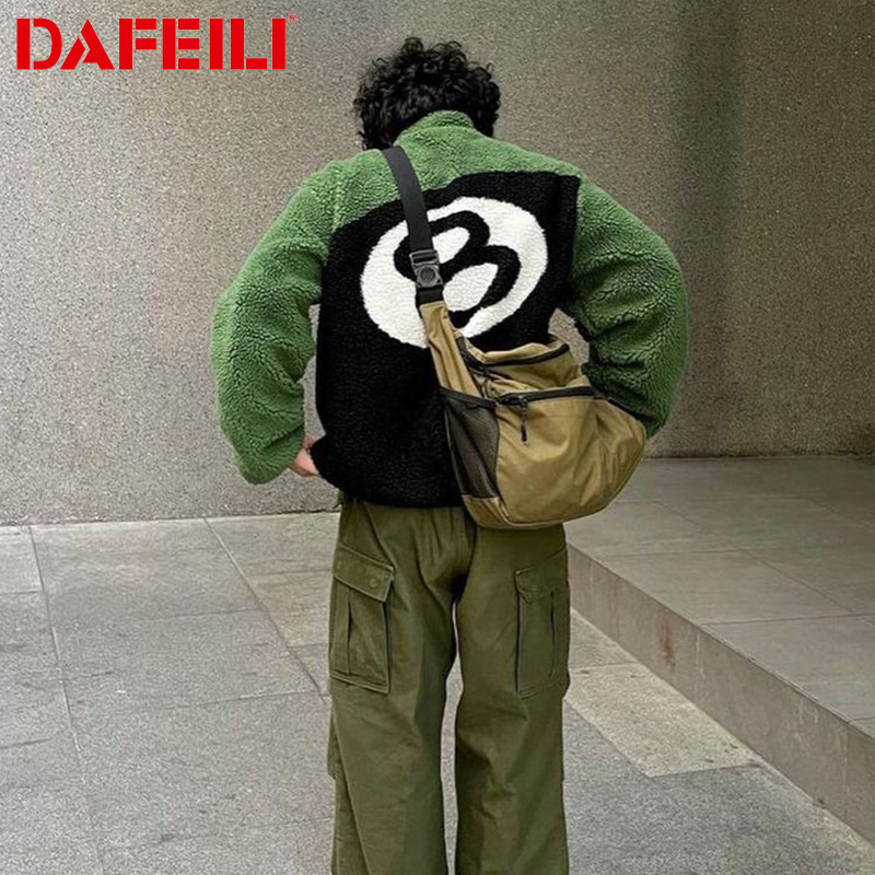 Double-sided Wear Retro American High Street Black 8 Black 8 Billiards Flocking Lamb Fleece Zipper Jacket Jacket for Men and Women