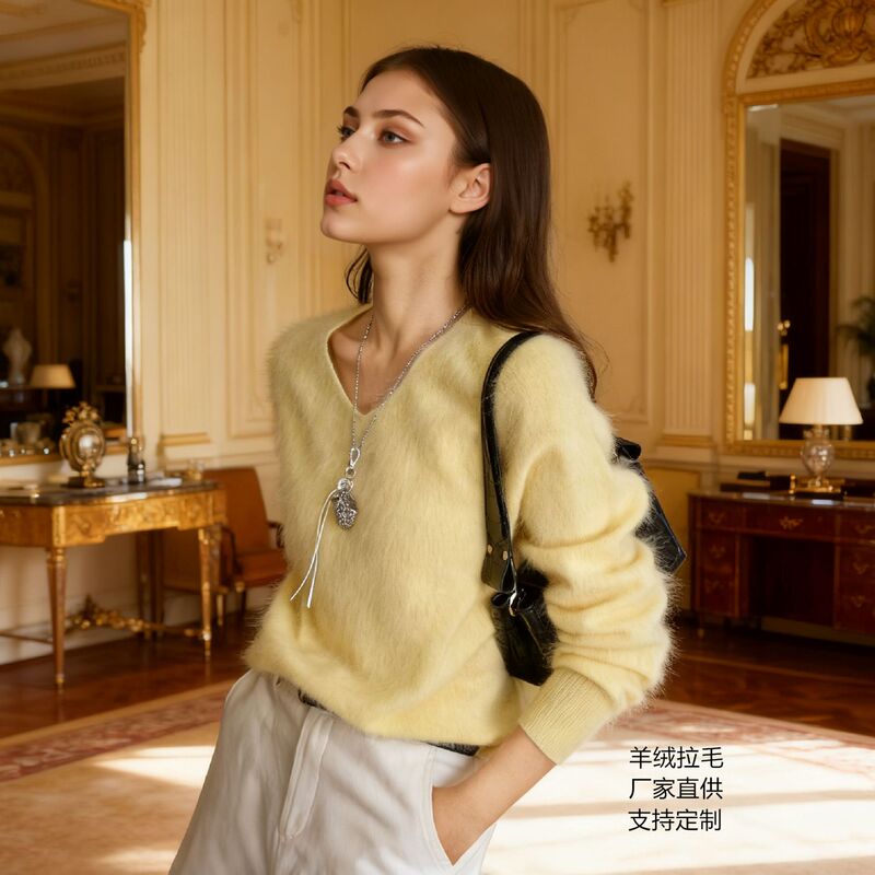 Wool Brushed Sweater Cashmere Wool Half Turtleneck Round Neck V-Neck Seamless Cashmere Brushed Knitwear Women's Sweater
