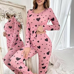 跨境外贸新款家居服套装 爱心印花长袖长裤套装欧美热销女士睡衣