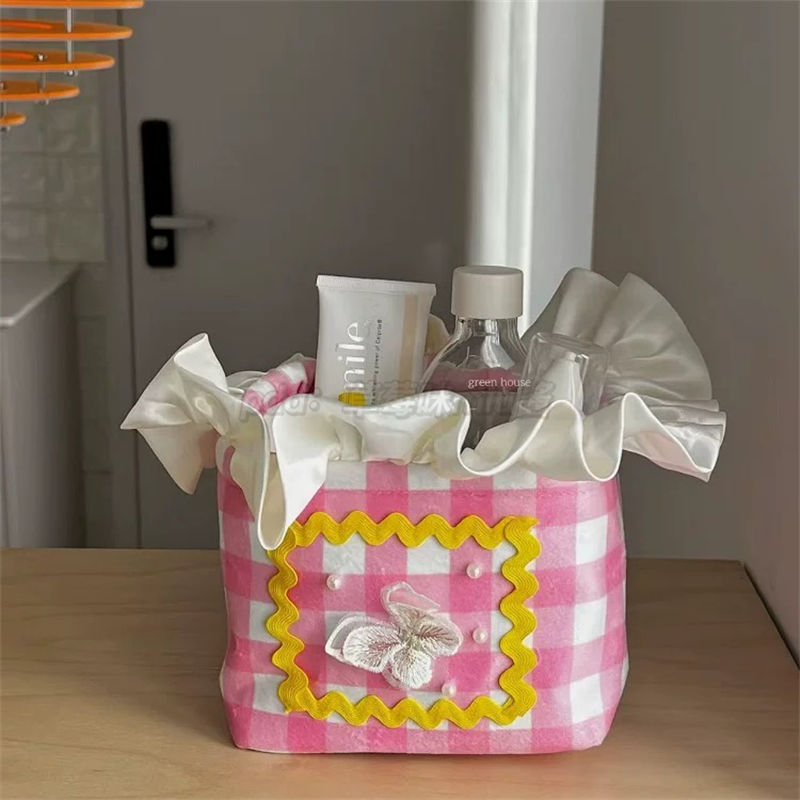 奶油风收纳篮可爱储物盒格子化妆品首饰桌面杂物多功能零食收纳盒