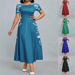 2025欧美跨境春夏季新款女装气质圆领印花时尚高腰修身休闲连衣裙