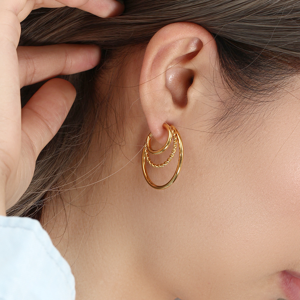 Fashion Stainless Steel 18K Gold Plating Multi-Layer Hollow Twist C Type Earrings