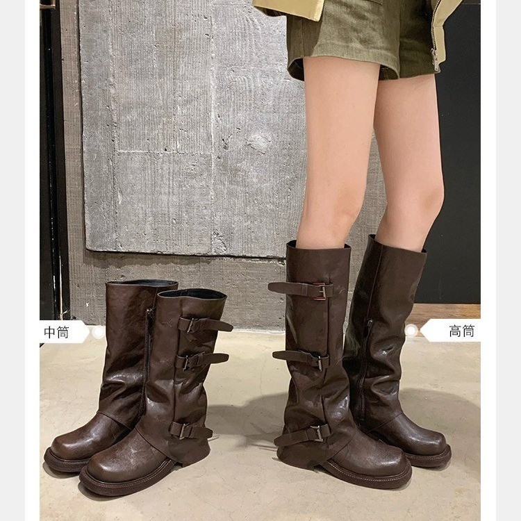 2025现货新款美拉德中筒马丁靴女褶皱堆堆裤管靴粗跟高筒骑士长靴|undefined