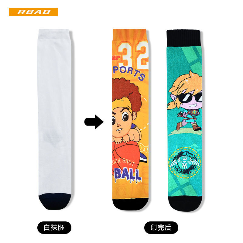 360 Digital Printing Socks for Women Wholesale Fashion Asymmetrical Sublimation Tie Dye 3D Printing Cartoon Socks for Men Summer