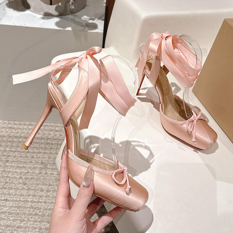 European and American Silk Satin Retro Square-Toe Bow Ballet High Heels Ribbon Foot Strap Toe Sandals Large Size
