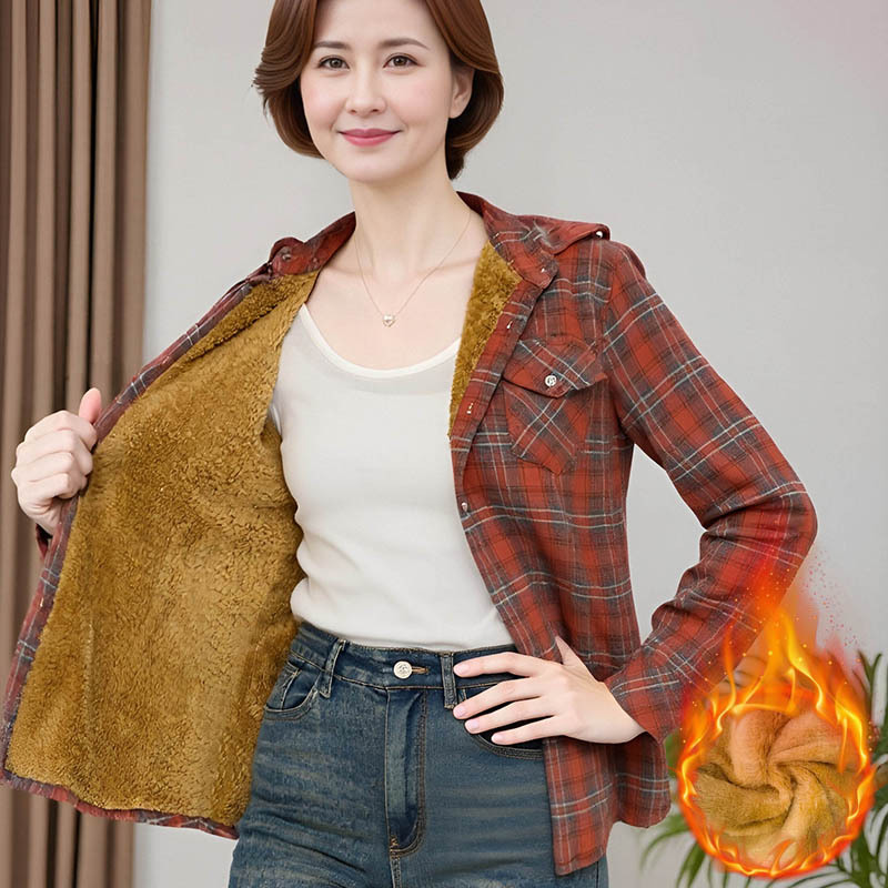 加绒加厚新款秋冬复古休闲格子衬衫中年女士气质通勤优雅修身外套