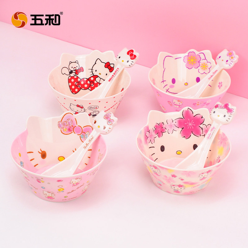 Sanrio Hello Kitty Children's Bowl, Household Baby Food Supplement Bowl, Anti-Fall Cute Bowl, Special Bowl, Spoon, and Cup Set for Eating