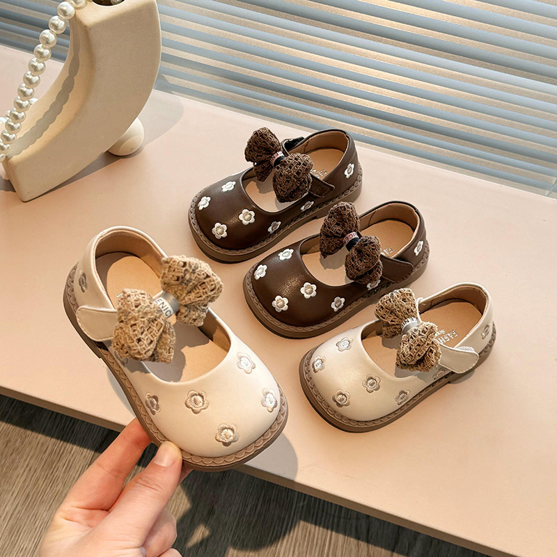 Girls' Leather Shoes Children's Embroidered Princess Shoes 2025 Spring and Autumn New Bow Girls' Single Shoes Baby Girl's Peas Shoes