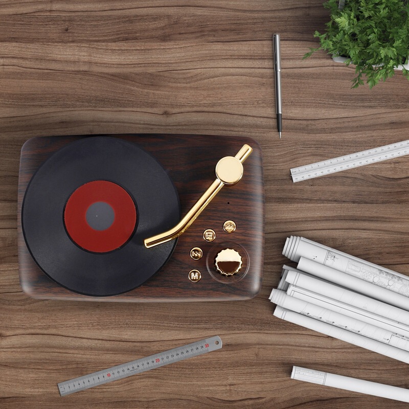 Vinyl Record Player Ornament Bluetooth Speaker Wood Grain Retro Phonograph Speaker Gift Speaker Creative Decoration