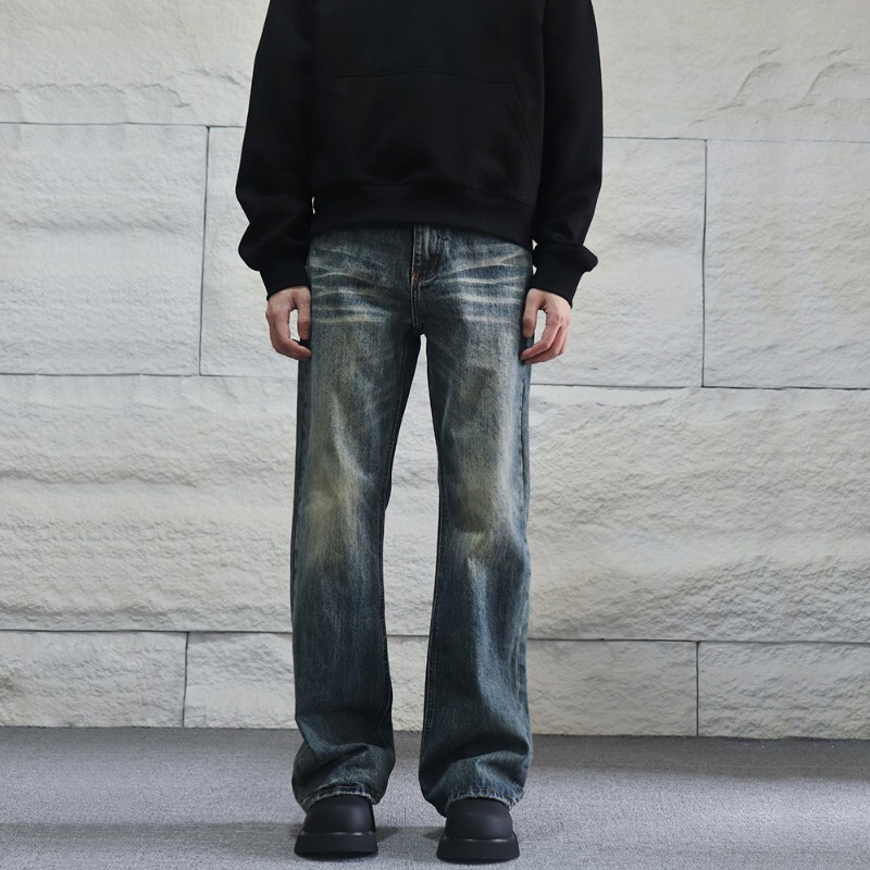 Cross-Border American Retro Vibe Washed Distressed Jeans Men's Straight-Leg Slimming Look Cleanfit Long Pants
