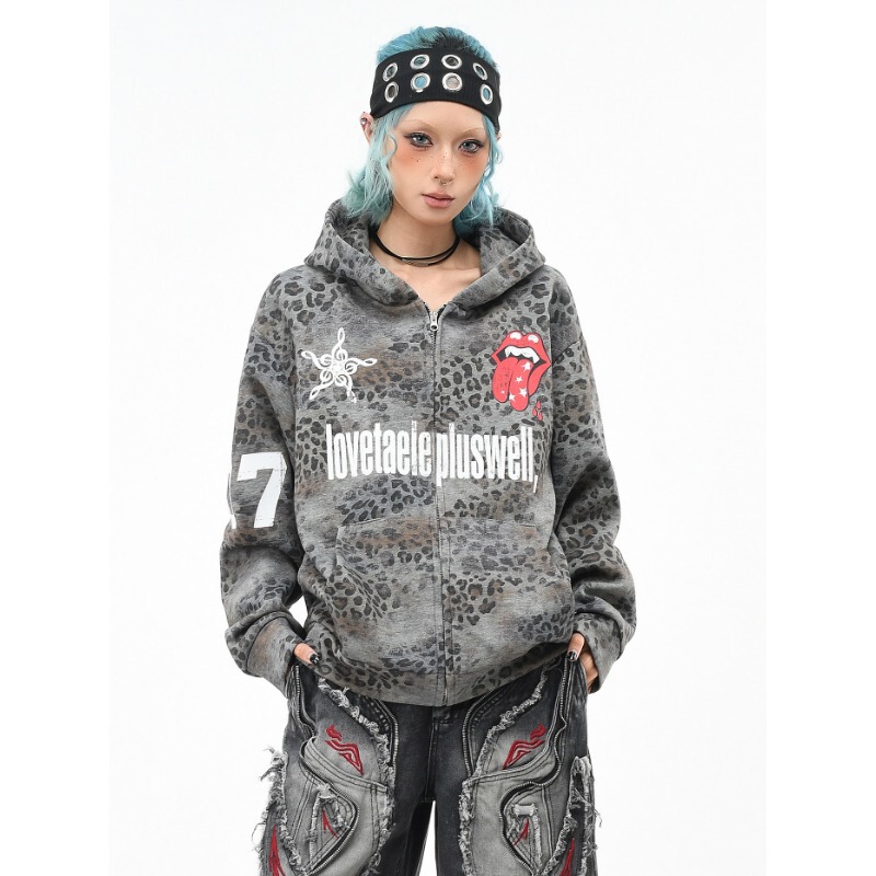 Gothic style high street American hip-hop seal print hooded cardigan for women, loose-fitting streetwear kpop hot girl jacket for autumn Gothic style high street American hip-hop seal print hooded cardigan for women, loose-fitting streetwear kpop hot girl jacket for autumn