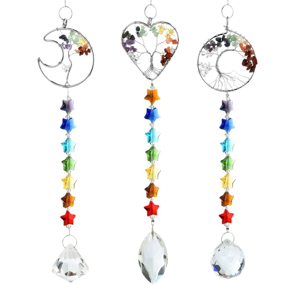 En stock transfronterizo exclusivo jardín fiesta decoración colgante colorido piedra Árbol de la vida de tres piezas de cristal Sun Catcher
