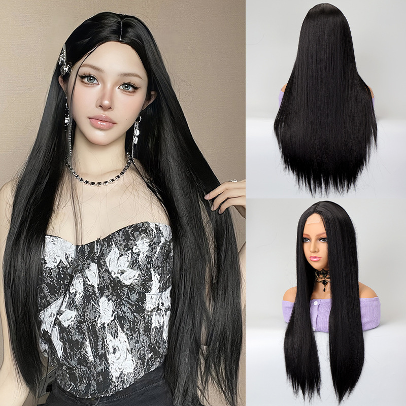Wholesale Amazon Wigs Long Straight Hair Black Headgear Middle Part Black Long Straight Cross-Border Synthetic Fiber Hair European and American Wigs Dropshipping Wholesale Amazon Wigs Long Straight Hair Black Headgear Middle Part Black Long Straight Cross-Border Synthetic Fiber Hair European and American Wigs Dropshipping